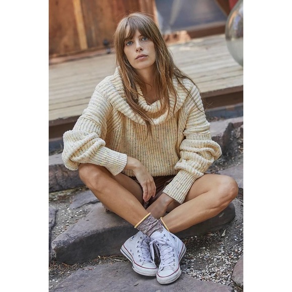 Free People Speckled Chunky Rib Turtleneck Mock Oversized Sweater Womens Size S - Picture 1 of 7